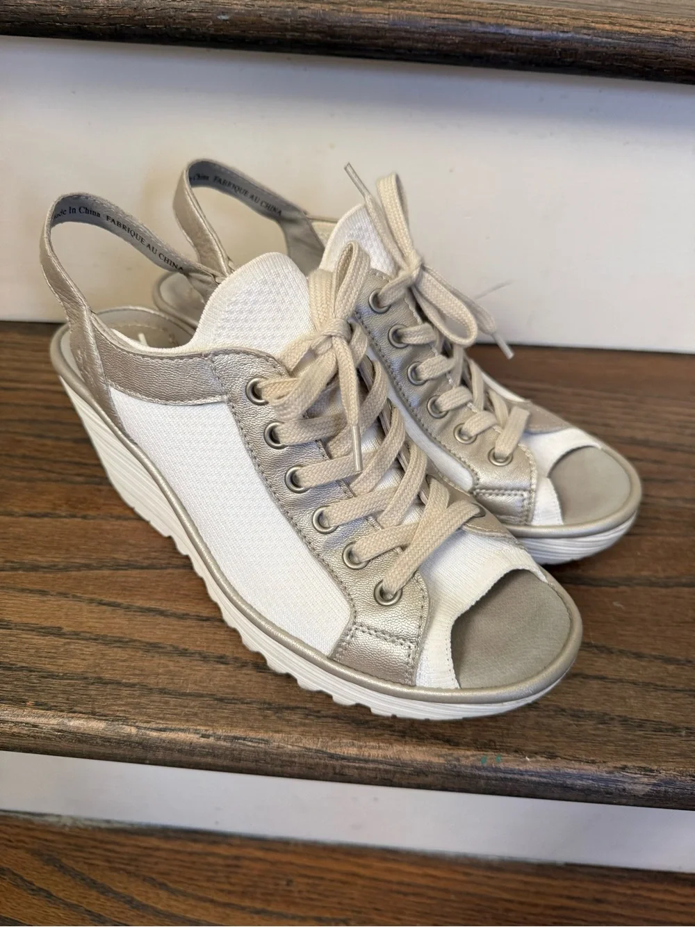 Fly London 38 Yedu Wedge Lace up Sandal  - White & Metallic silver